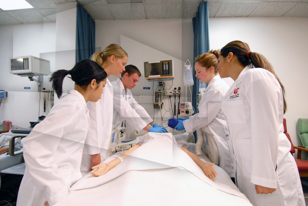 Students checking patient simulator in UC College of Nursing sim lab
