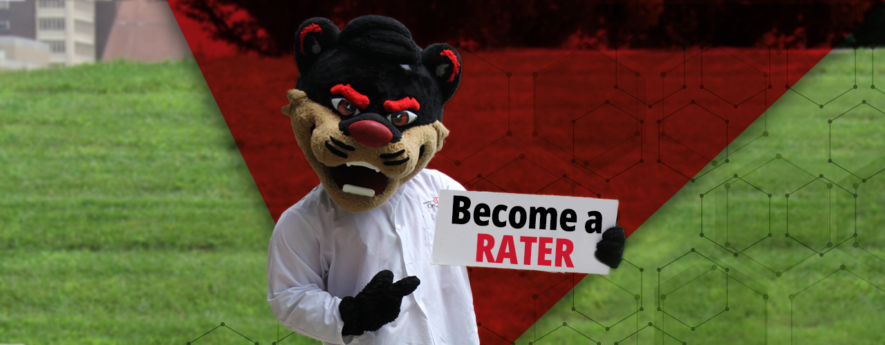 Bearcat holding Become a Rater sign